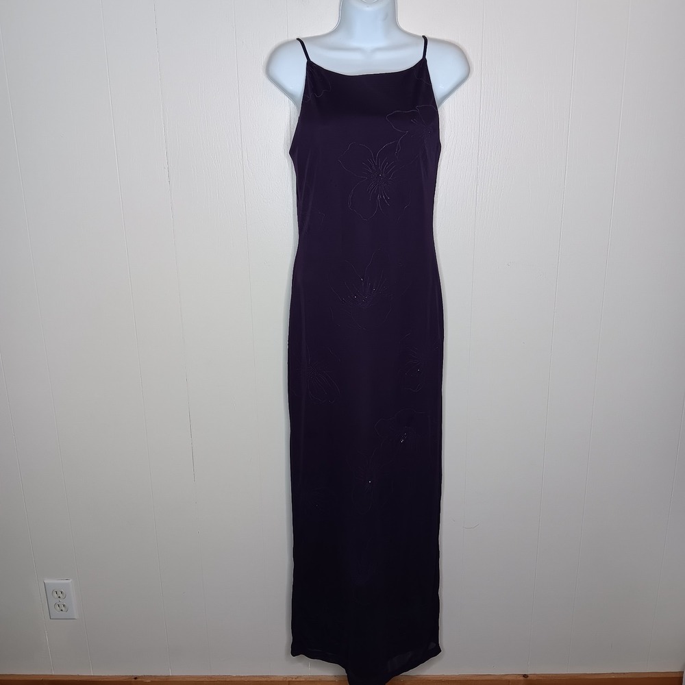 VTG Y2K City Triangles Slip Maxi Dress S Purple Floral Glitter Fairy Whimsigoth - Picture 2 of 9